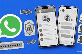 WhatsApp username feature shown on two smartphones with hidden phone numbers, a privacy shield and impersonation warning symbols