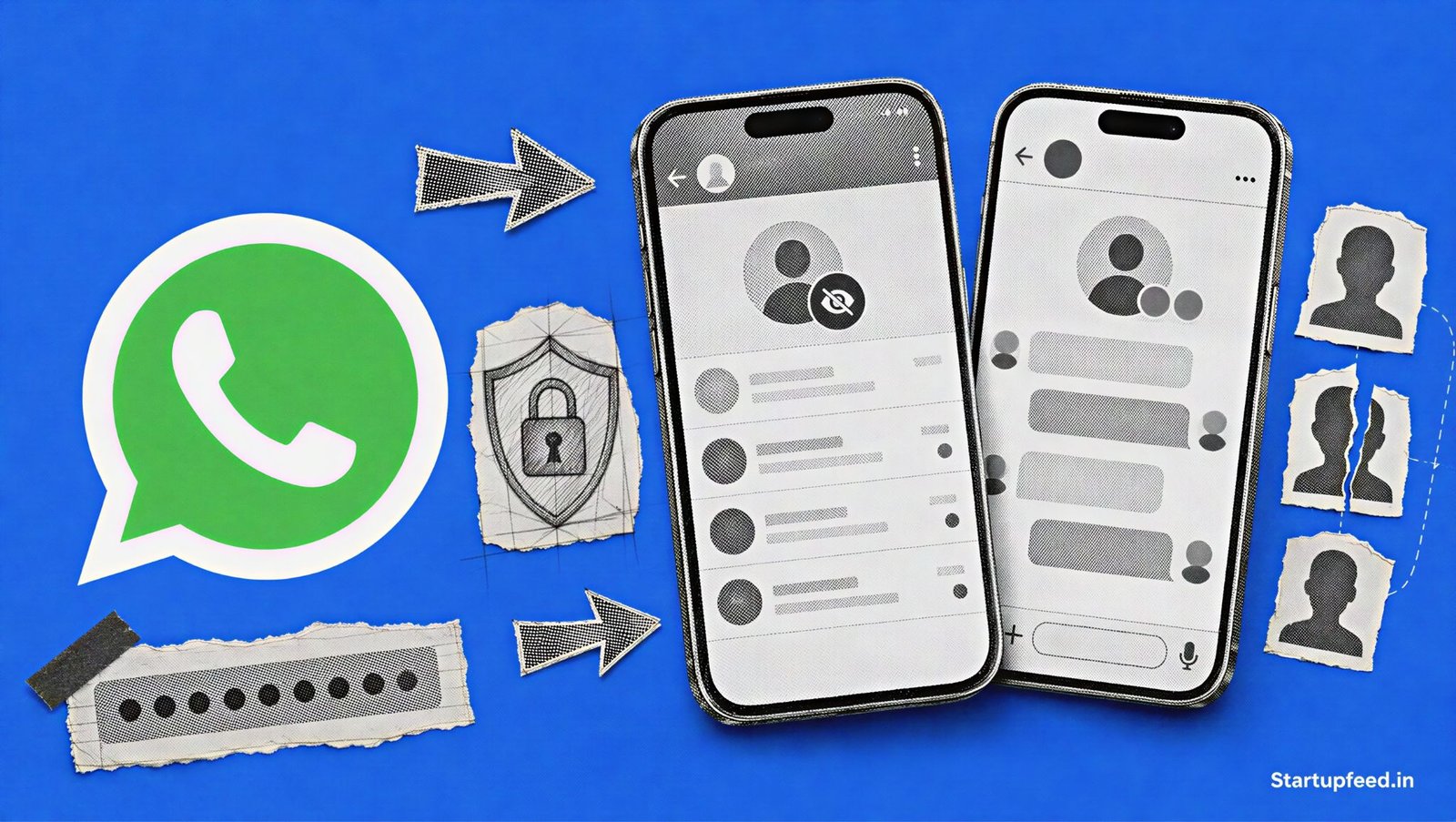 WhatsApp username feature shown on two smartphones with hidden phone numbers, a privacy shield and impersonation warning symbols