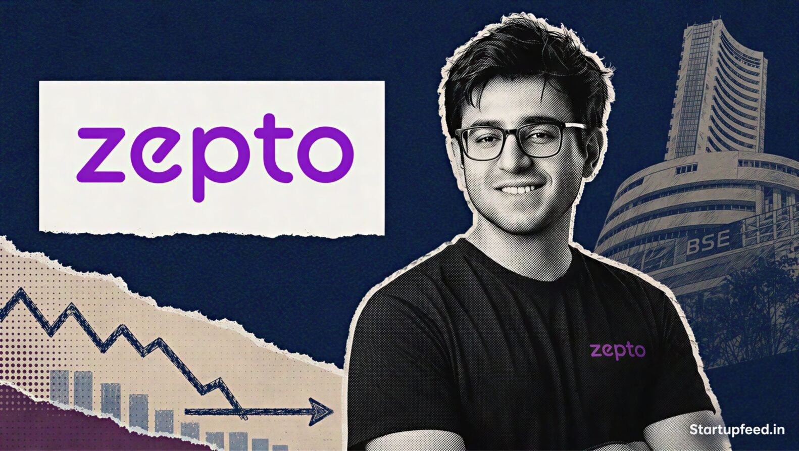Aadit Palicha beside a Zepto IPO size illustration with the company logo, stock exchange silhouette and sketched market chart