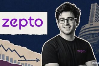 Aadit Palicha beside a Zepto IPO size illustration with the company logo, stock exchange silhouette and sketched market chart