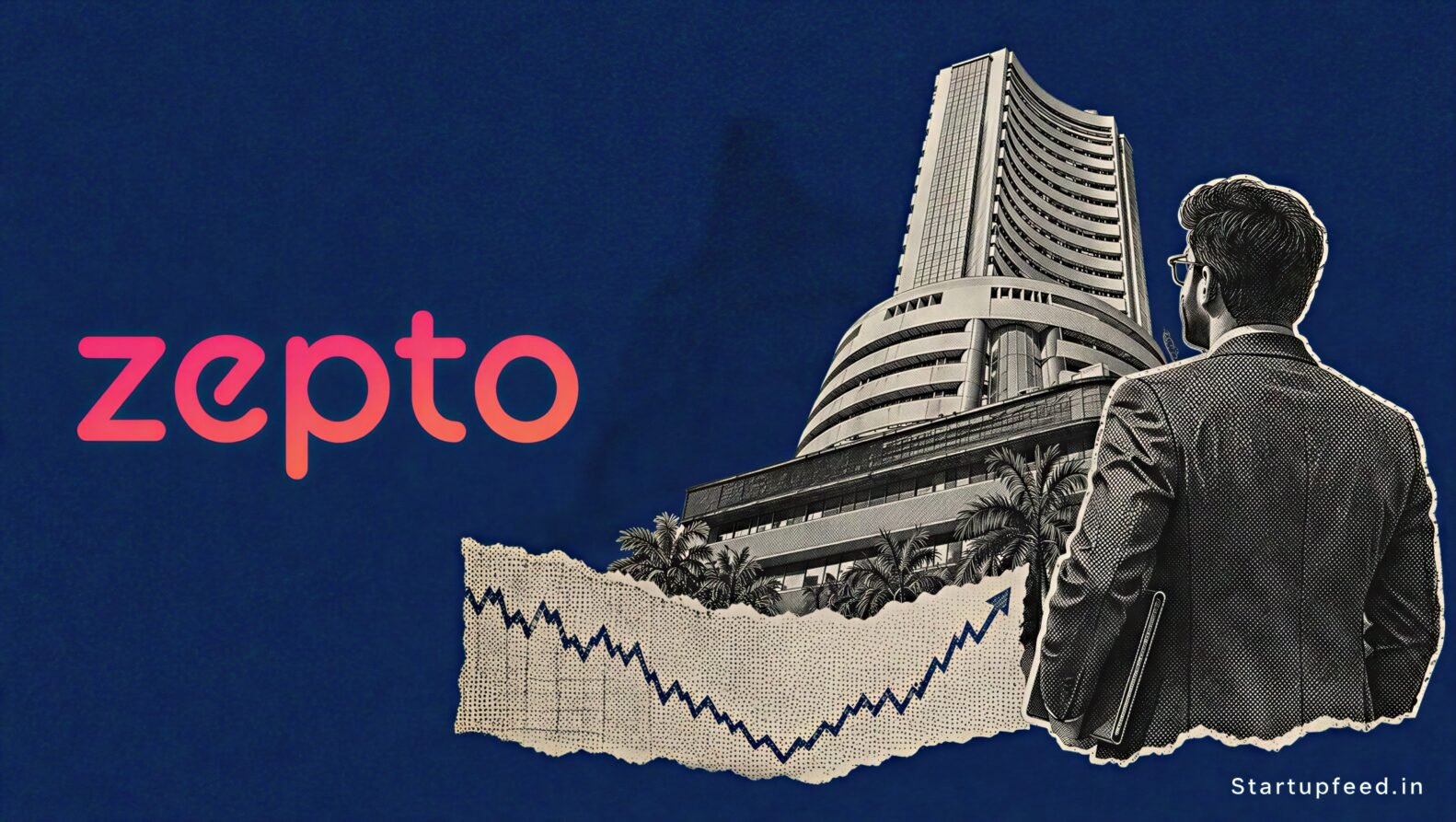 Zepto IPO valuation standoff shown through its logo, a halftone stock-exchange silhouette and restrained market-chart motifs