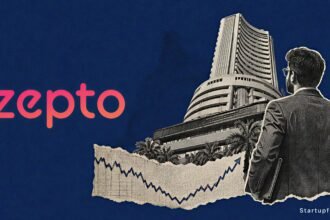 Zepto IPO valuation standoff shown through its logo, a halftone stock-exchange silhouette and restrained market-chart motifs