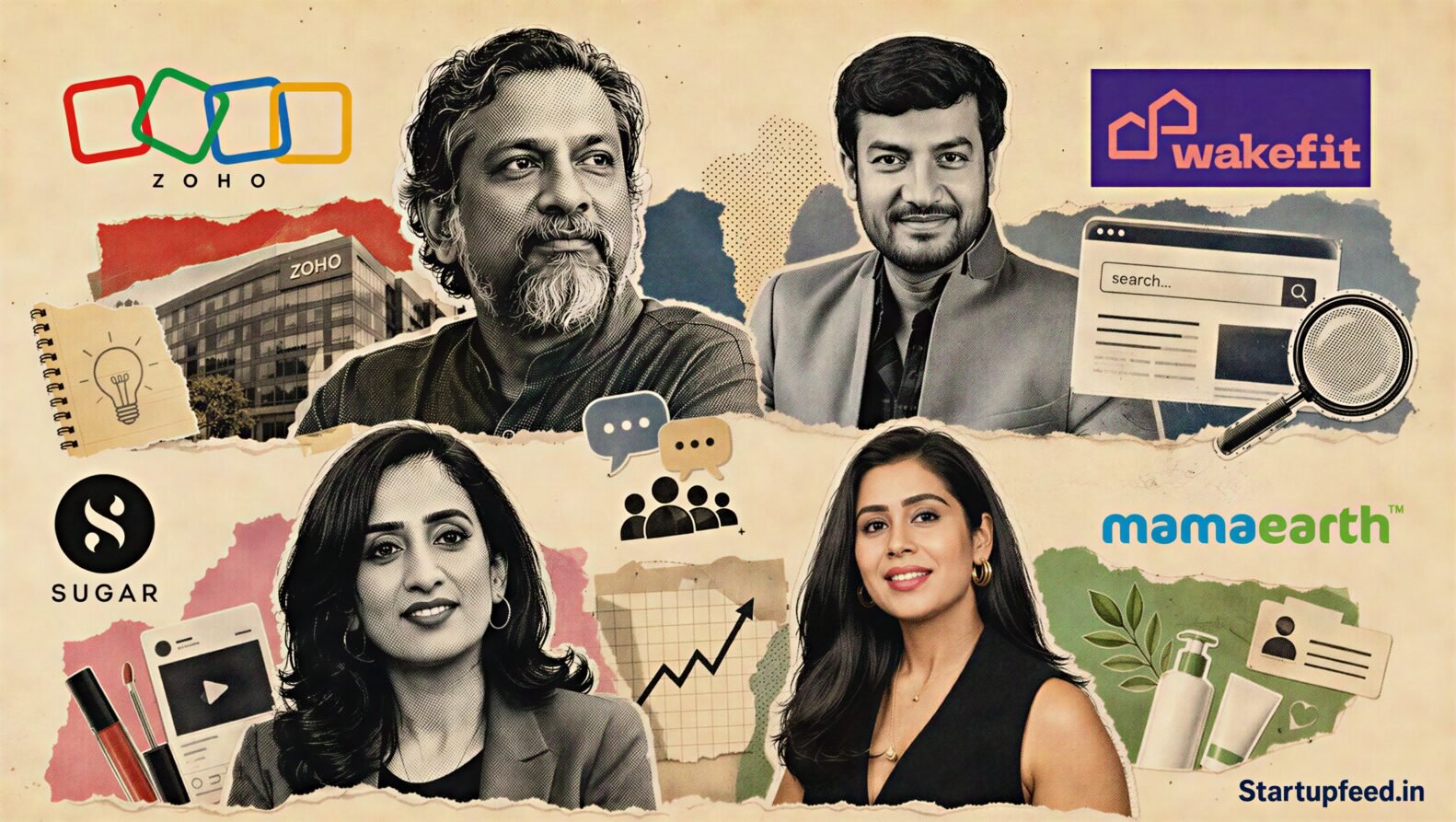 Zero-ad marketing guide featuring Zoho, Wakefit, Sugar Cosmetics and Mamaearth with organic growth strategies and Zoho's Rs 12,313 Cr FY25 performance