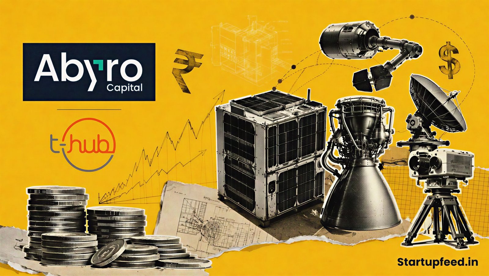 Spacetech startups funding scene featuring Abyro Capital’s Beacon accelerator, T-Hub and satellite subsystem imagery