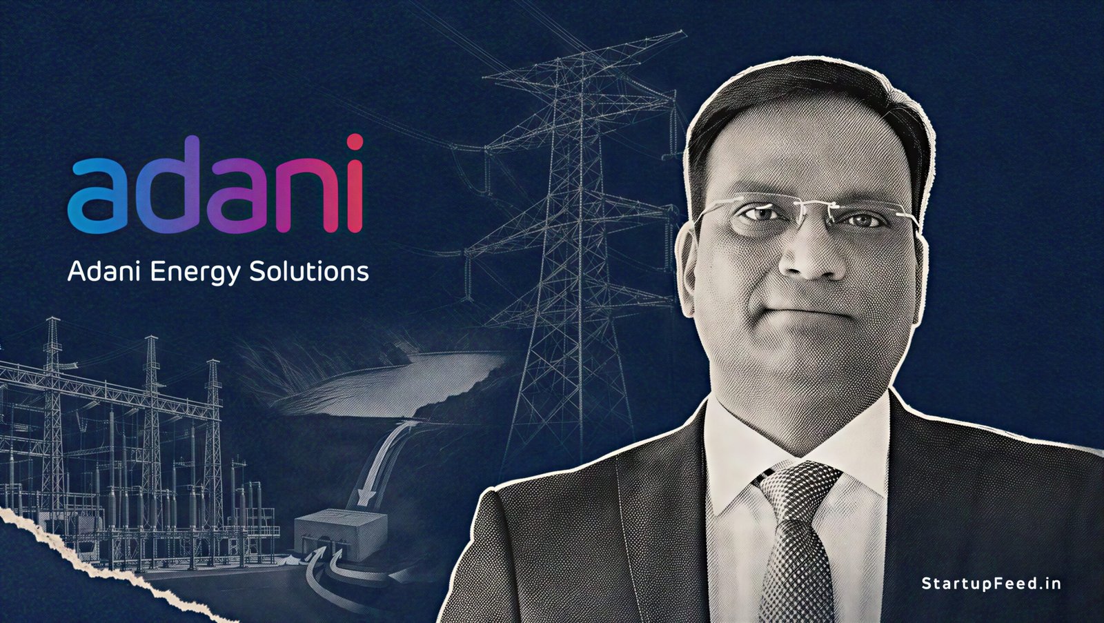 Adani Energy Solutions transmission project shown with 765 kV towers and the Rs 4,700 crore Satara corridor