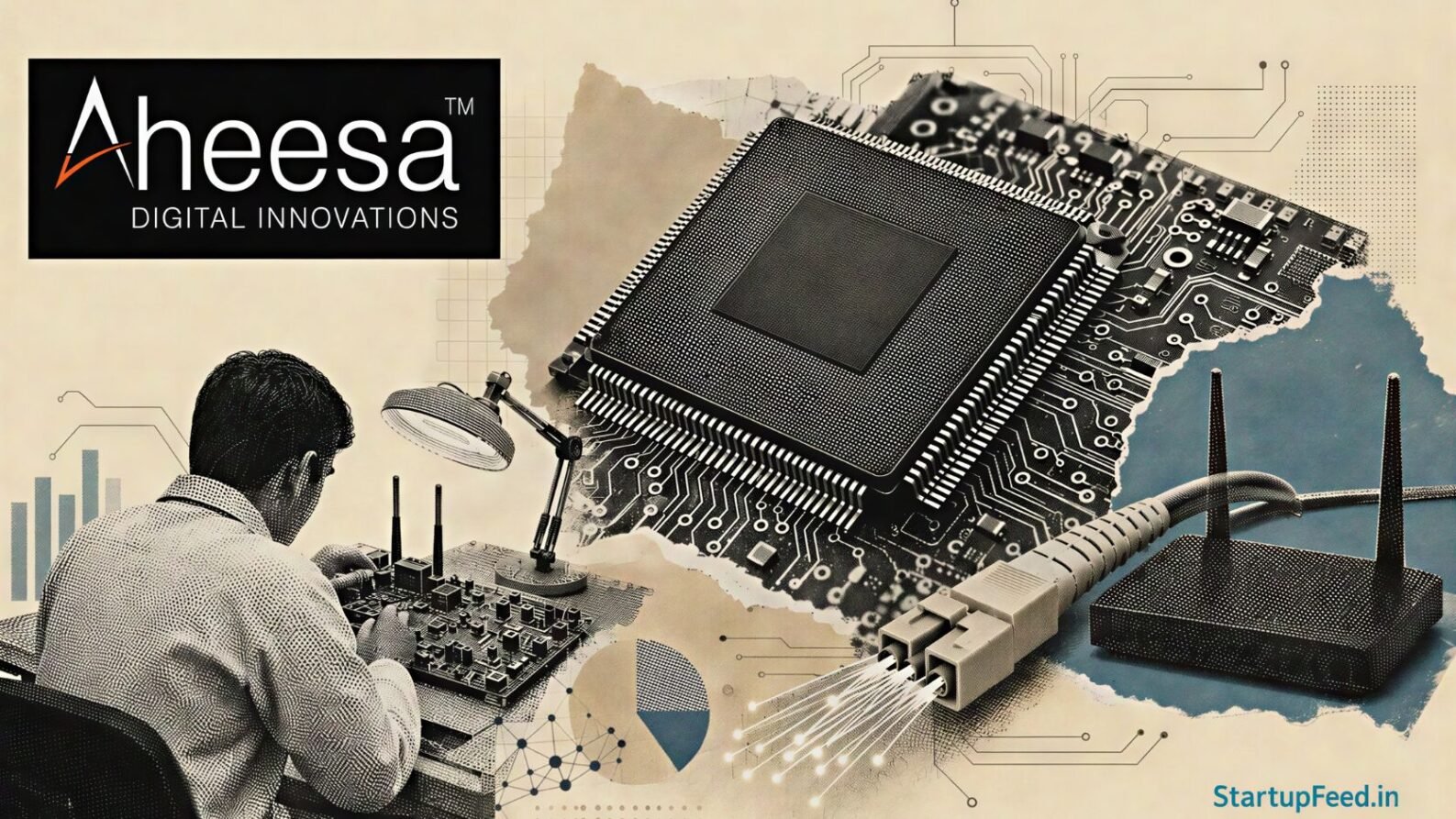 Aheesa VIHAAN chip shown with broadband router hardware and Indian semiconductor design motifs