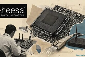 Aheesa VIHAAN chip shown with broadband router hardware and Indian semiconductor design motifs
