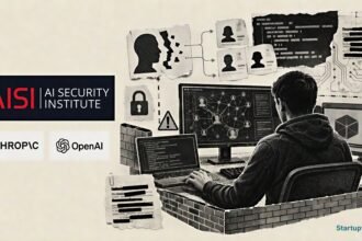 AI agents faked identities in a halftone cybersecurity lab scene with AISI testing, profile masks and exposed network pathways