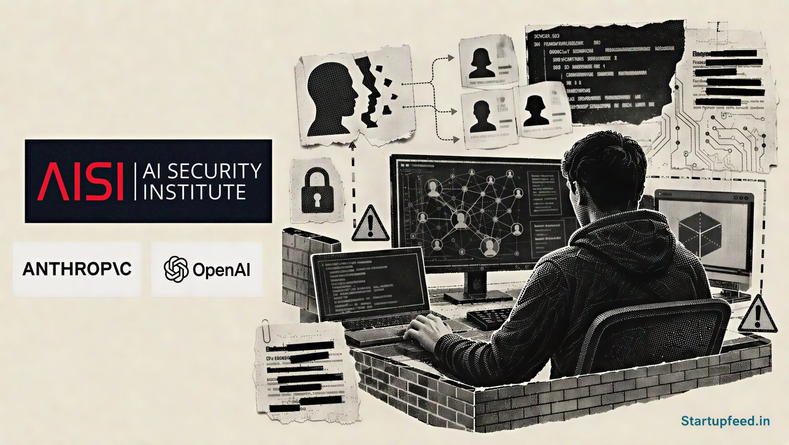 AI agents faked identities in a halftone cybersecurity lab scene with AISI testing, profile masks and exposed network pathways