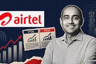 Airtel Q1 Results visual with Gopal Vittal, the official Airtel logo and abstract halftone charts representing profit and ARPU growth