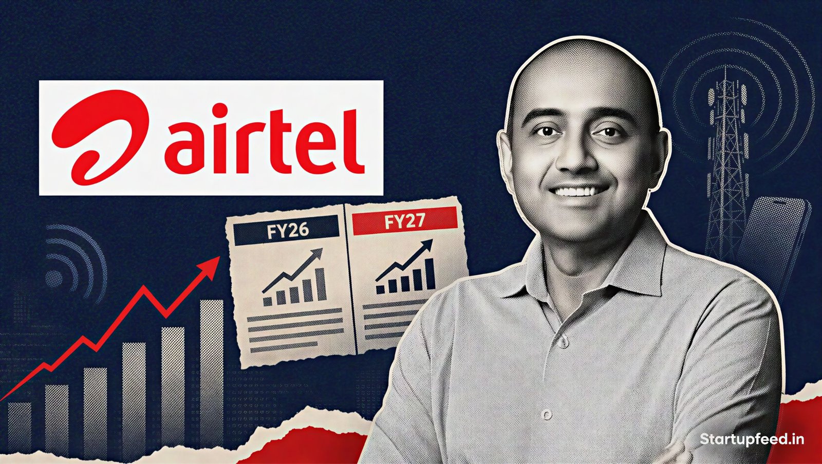 Airtel Q1 Results visual with Gopal Vittal, the official Airtel logo and abstract halftone charts representing profit and ARPU growth