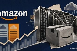 Amazon Hits $3 Trillion with the official Amazon logo, halftone AWS data-centre infrastructure and an abstract rising market chart
