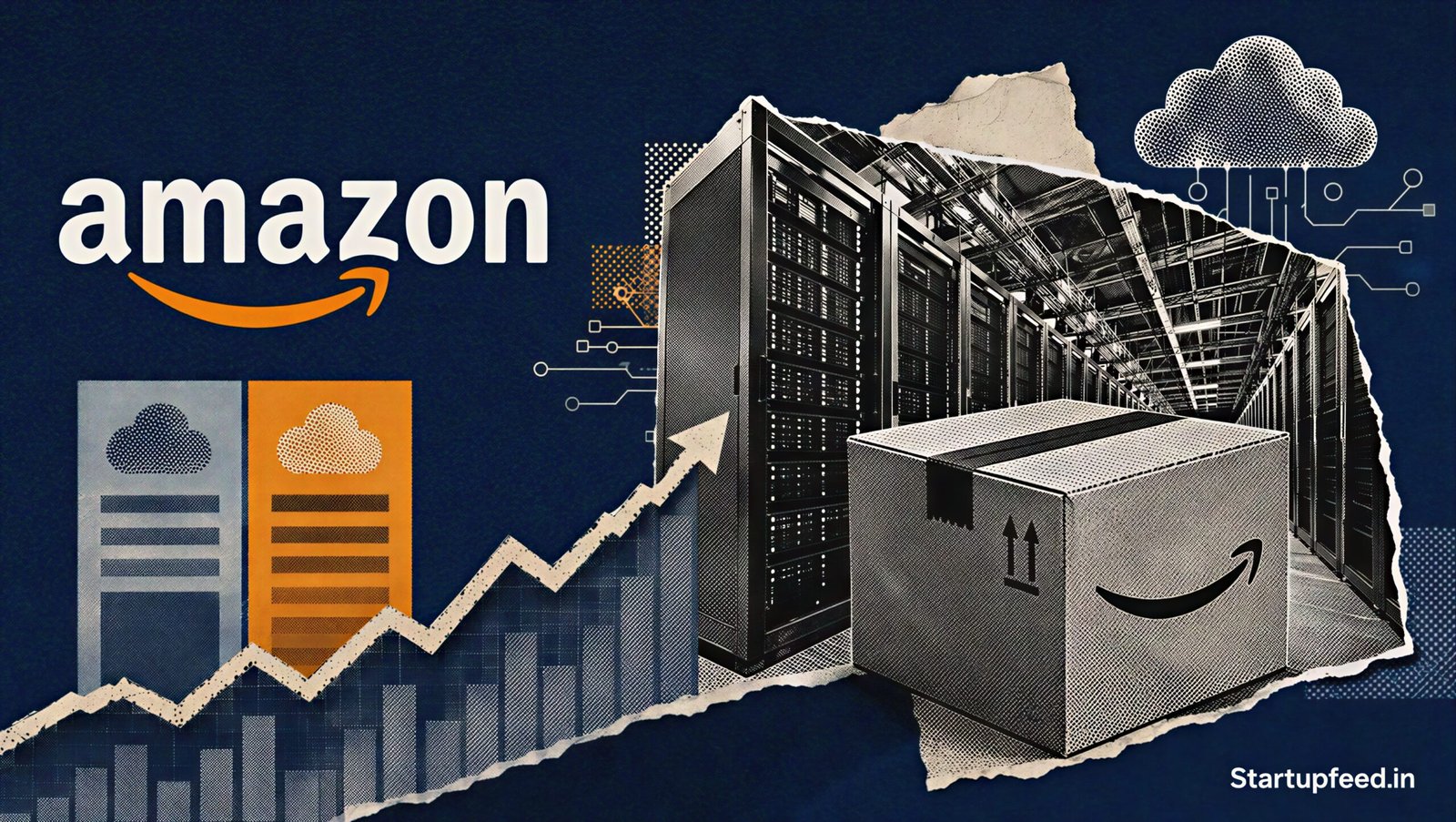 Amazon Hits $3 Trillion with the official Amazon logo, halftone AWS data-centre infrastructure and an abstract rising market chart