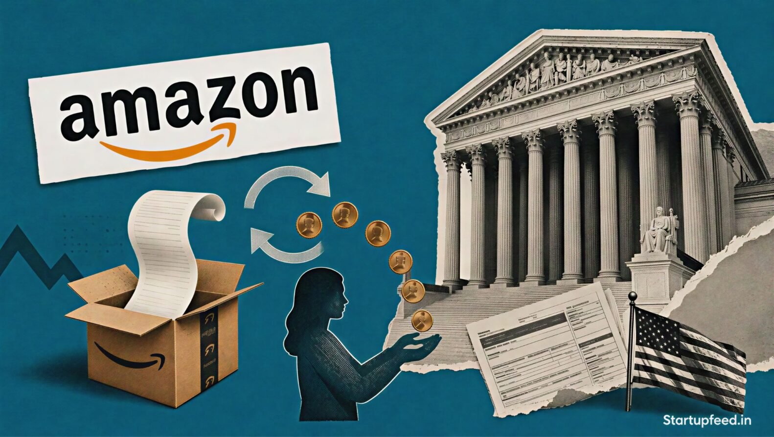 Amazon tariff refund editorial collage with Amazon logo, US Supreme Court building and automatic customer reimbursement symbolism