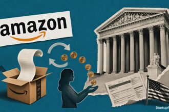 Amazon tariff refund editorial collage with Amazon logo, US Supreme Court building and automatic customer reimbursement symbolism