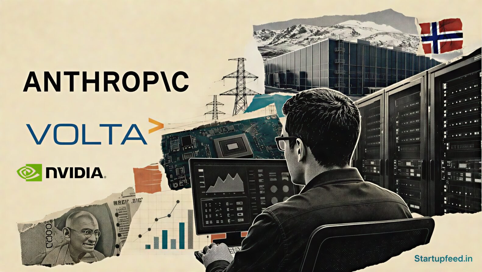 Anthropic Volta cloud deal visualised through a halftone AI data-centre scene with Volta Infra and Nvidia infrastructure logos