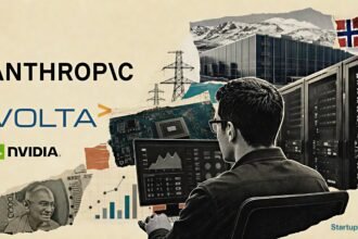Anthropic Volta cloud deal visualised through a halftone AI data-centre scene with Volta Infra and Nvidia infrastructure logos