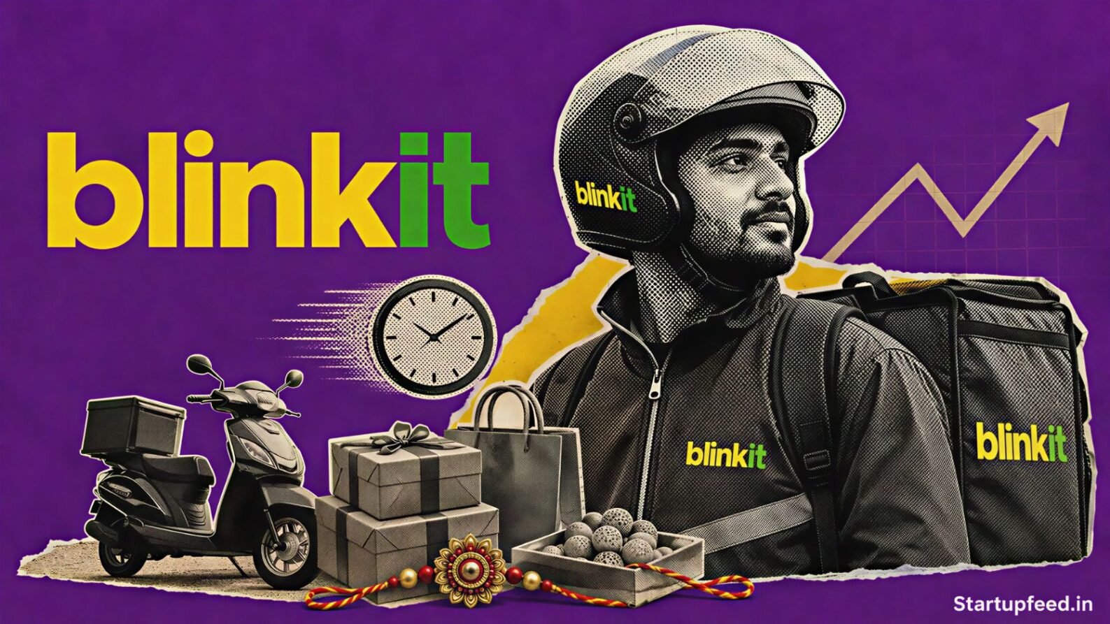 Quick commerce festive season scene with Blinkit delivery bags, scooters and Rakshabandhan gifting orders in a vivid purple editorial collage