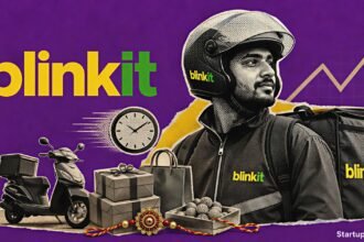 Quick commerce festive season scene with Blinkit delivery bags, scooters and Rakshabandhan gifting orders in a vivid purple editorial collage