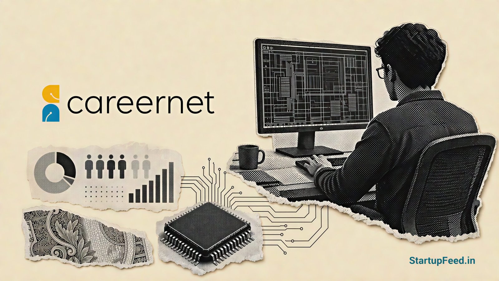 Semiconductor GCC hiring: chip engineer at a computer beside the Careernet logo, representing 3,549 open roles
