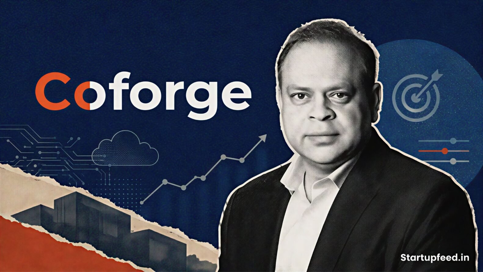 Coforge outcome-based pricing highlighted through an editorial collage featuring CEO Sudhir Singh with the Coforge logo and AI-themed visual elements
