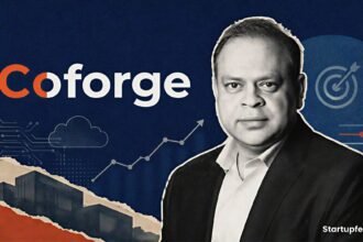 Coforge outcome-based pricing highlighted through an editorial collage featuring CEO Sudhir Singh with the Coforge logo and AI-themed visual elements