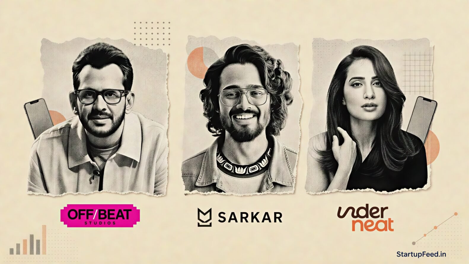 Creator brands in India with Bhuvan Bam, Aman Gupta and Kusha Kapila beside their product logos