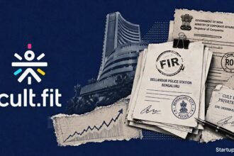 Cult.fit founder denies forgery allegations in an editorial legal-document collage with the Cult.fit logo and IPO market imagery