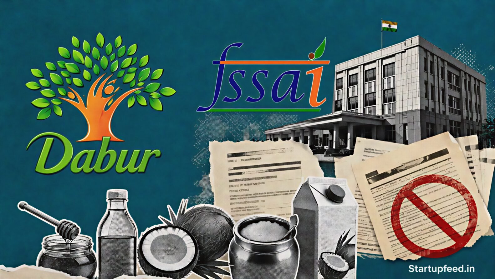 FSSAI Dabur order visual with Dabur logo, FSSAI emblem and halftone regulatory documents over a deep teal background