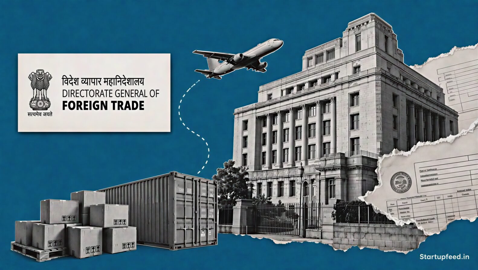 E-Commerce Export Framework visual with DGFT emblem, export cartons and a halftone Indian trade office scene