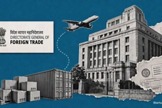 E-Commerce Export Framework visual with DGFT emblem, export cartons and a halftone Indian trade office scene