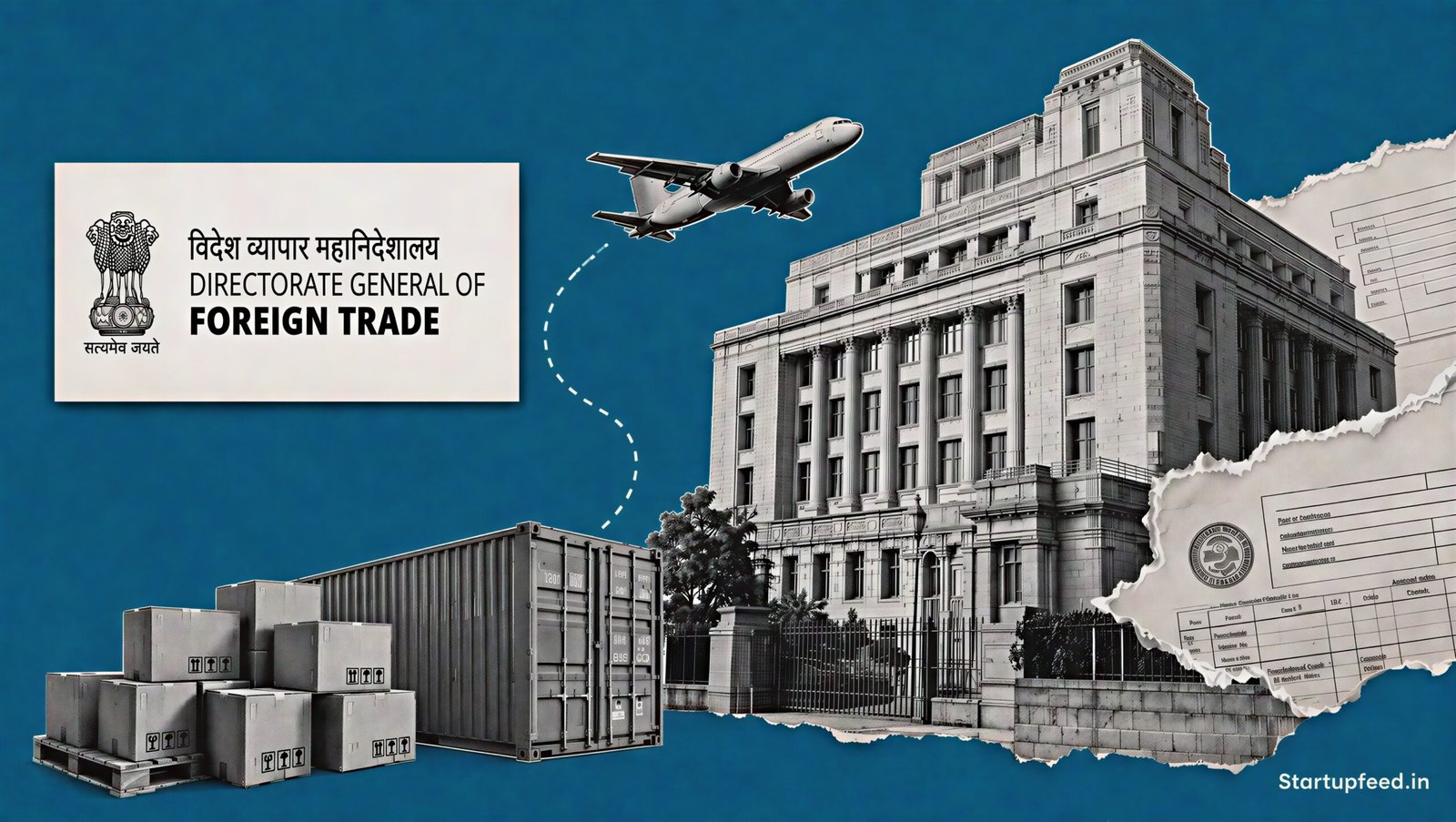 E-Commerce Export Framework visual with DGFT emblem, export cartons and a halftone Indian trade office scene