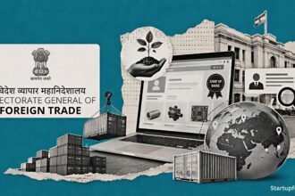 DGFT Source from India startups policy shown through an official trade-administration collage with DGFT branding and global export motifs