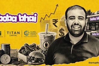 Dhruv Kohli Boba Bhai founder portrait beside bubble tea, Korean QSR cues and funding-growth collage elements