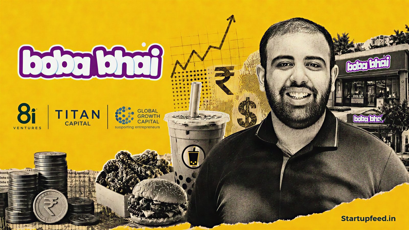Dhruv Kohli Boba Bhai founder portrait beside bubble tea, Korean QSR cues and funding-growth collage elements