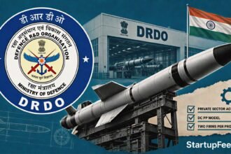 DRDO private firms missile production scene with official emblem and Indian defence manufacturing facility