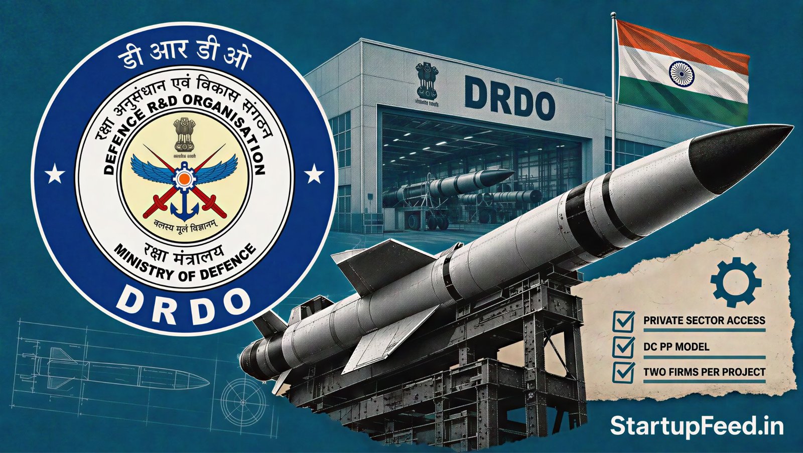 From R&D to Real Missiles: DRDO's Big Shift Opens Strategic Weapon Deals to Private Firms 41 DRDO private firms missile production scene with official emblem and Indian defence manufacturing facility
