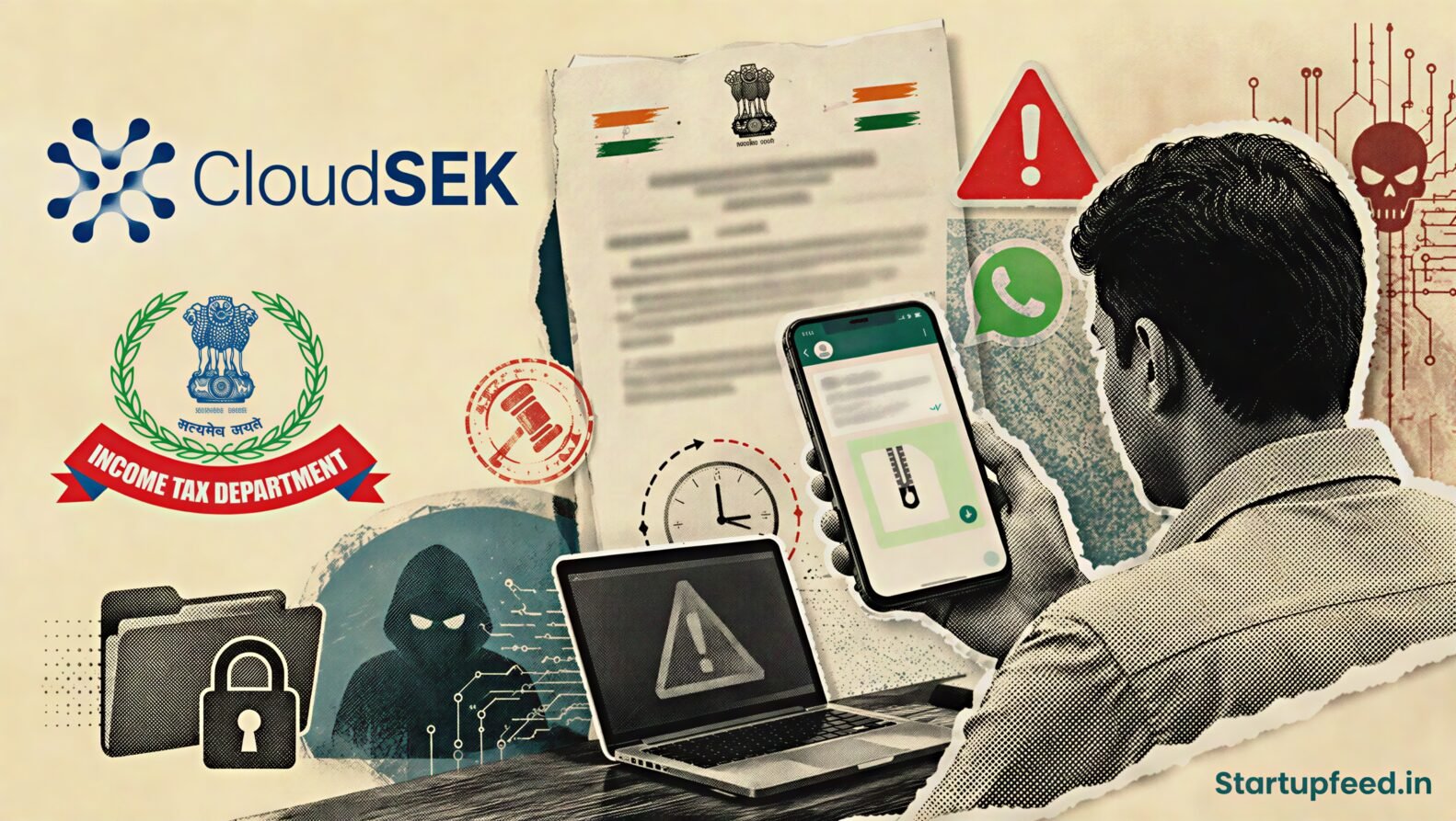 Fake income tax notices on WhatsApp shown with ITD.zip malware, CloudSEK branding and an official-looking tax document