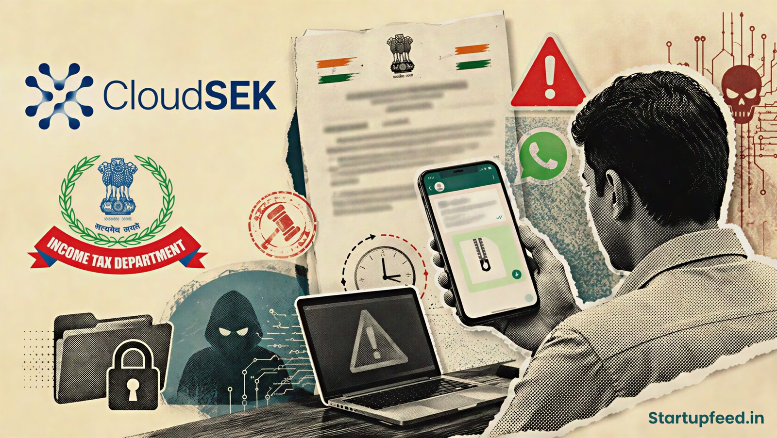 Fake income tax notices on WhatsApp shown with ITD.zip malware, CloudSEK branding and an official-looking tax document