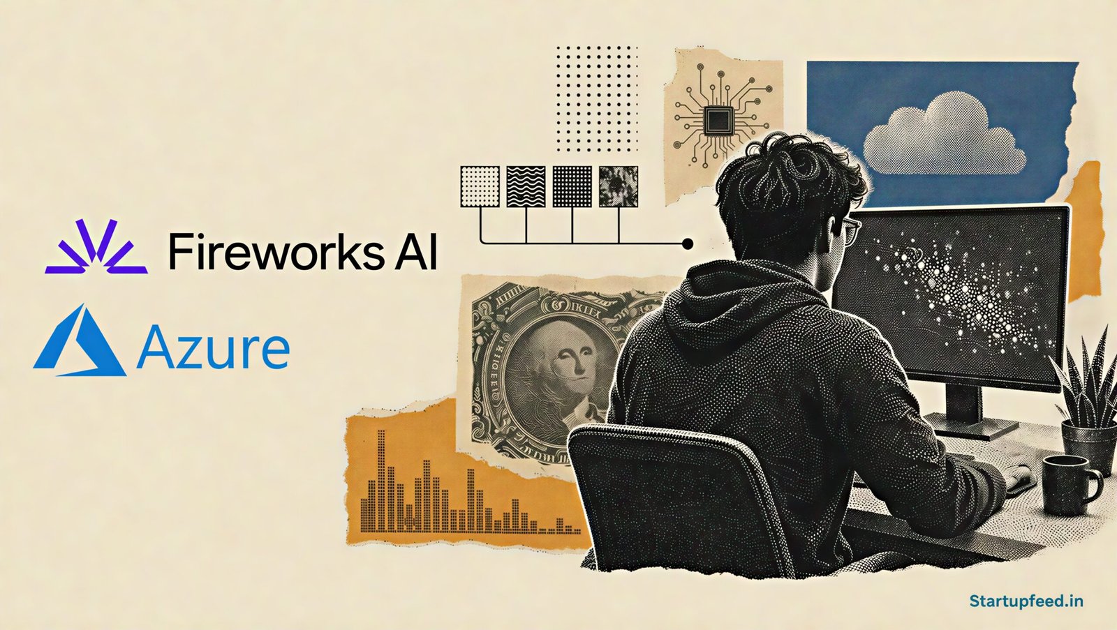 Fireworks AI on Foundry editorial collage with Fireworks and Microsoft Azure logos, open-model inference fragments, and serverless cloud infrastructure