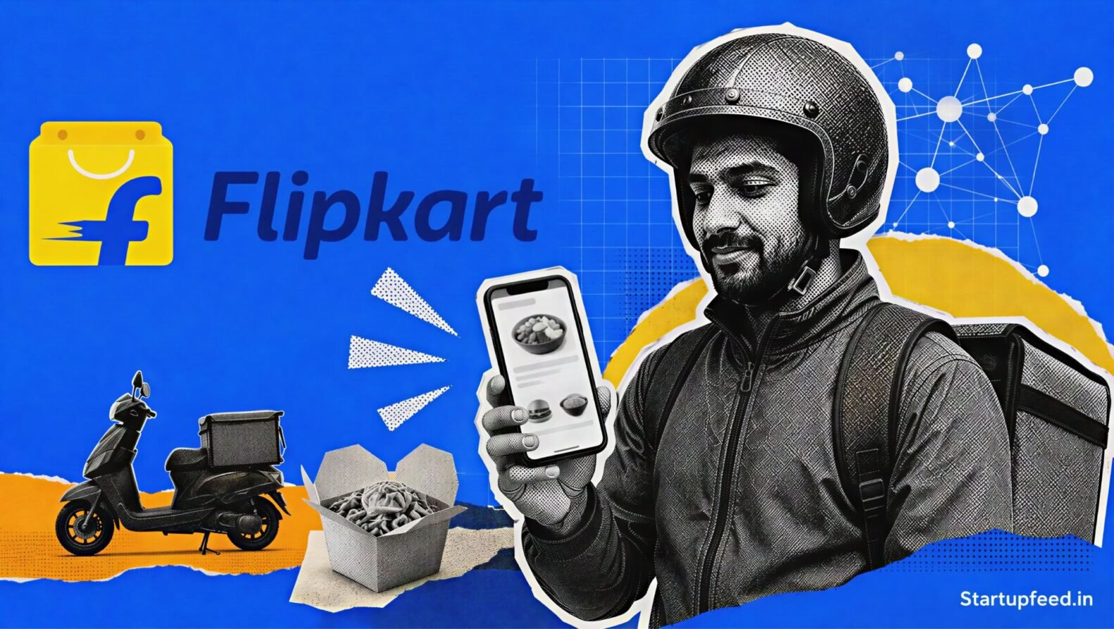 Flipkart food delivery visual with its official logo, an ONDC-linked smartphone ordering scene and a halftone Bengaluru delivery rider