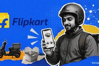 Flipkart food delivery visual with its official logo, an ONDC-linked smartphone ordering scene and a halftone Bengaluru delivery rider