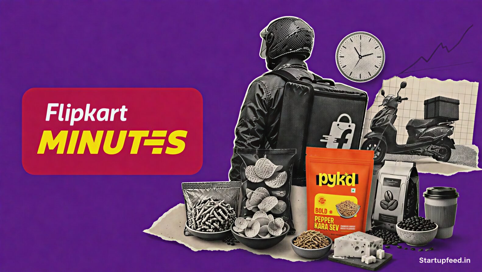 Flipkart Minutes Pykd premium grocery launch shown with a quick-commerce delivery bag, gourmet snacks and Bengaluru pilot cues