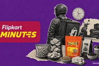 Flipkart Minutes Pykd premium grocery launch shown with a quick-commerce delivery bag, gourmet snacks and Bengaluru pilot cues