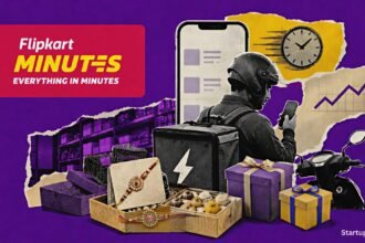 Rakhi quick commerce collage with delivery bags, festive gift boxes and the Flipkart Minutes logo representing last-minute shopping growth