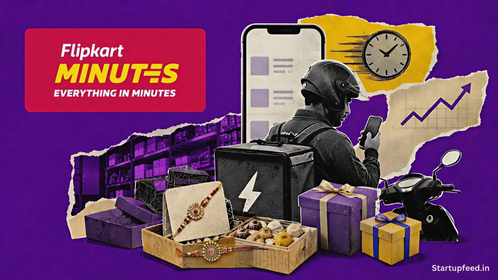 Rakhi quick commerce collage with delivery bags, festive gift boxes and the Flipkart Minutes logo representing last-minute shopping growth