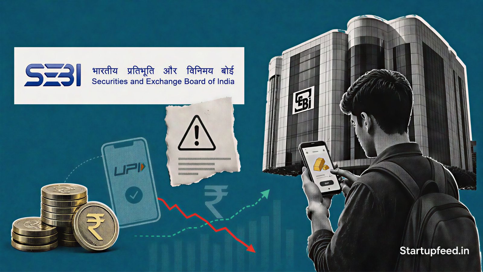 GenZ Digital Gold Rush illustrated through SEBI headquarters, UPI payment motifs and fractional gold coins