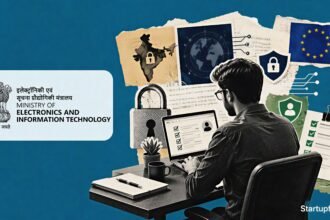 Global compliance for startups visual with DPDP, SOC 2, ISO 27001 and EU AI Act symbols around a halftone Indian founder workspace