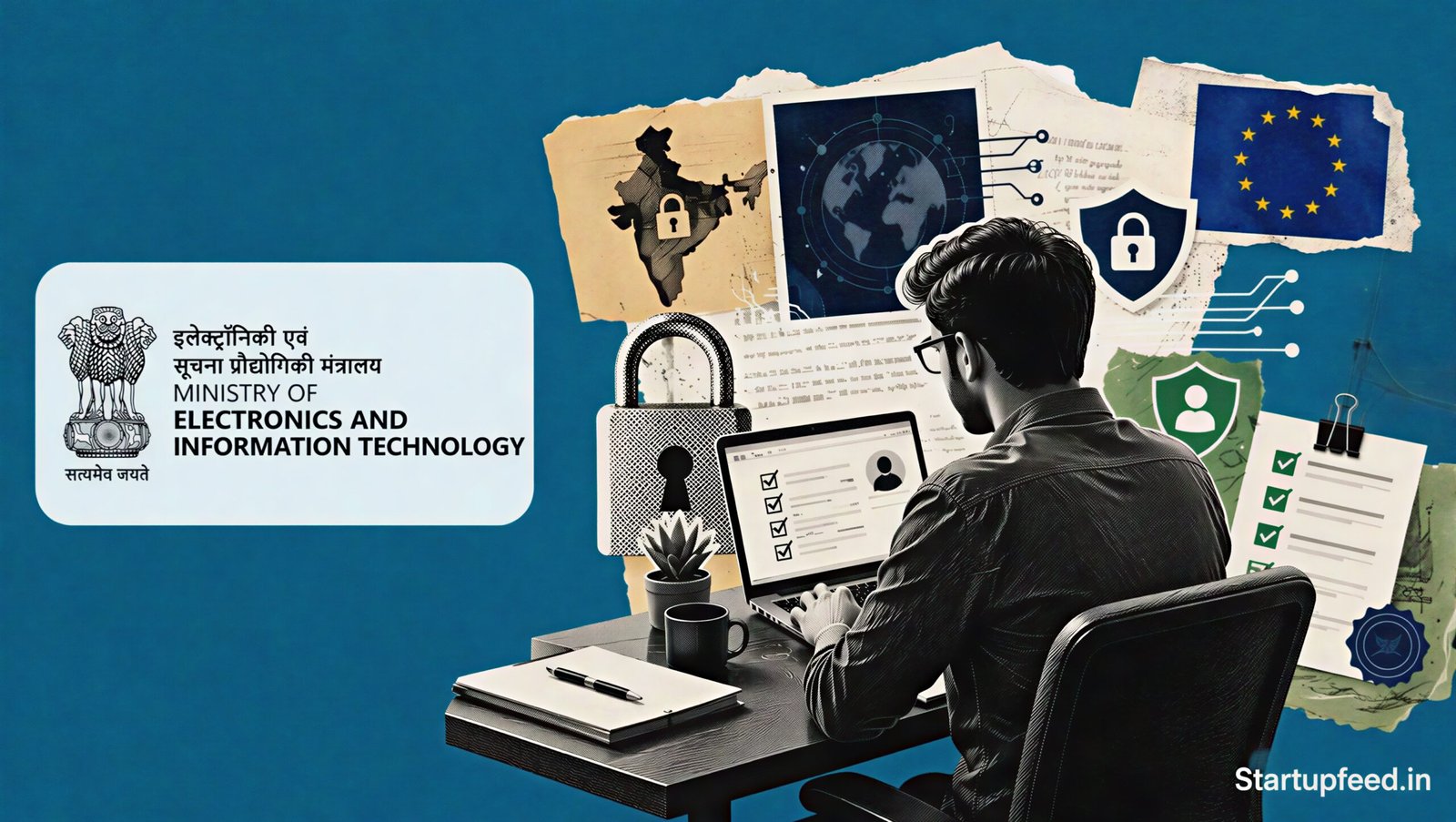 Global compliance for startups visual with DPDP, SOC 2, ISO 27001 and EU AI Act symbols around a halftone Indian founder workspace
