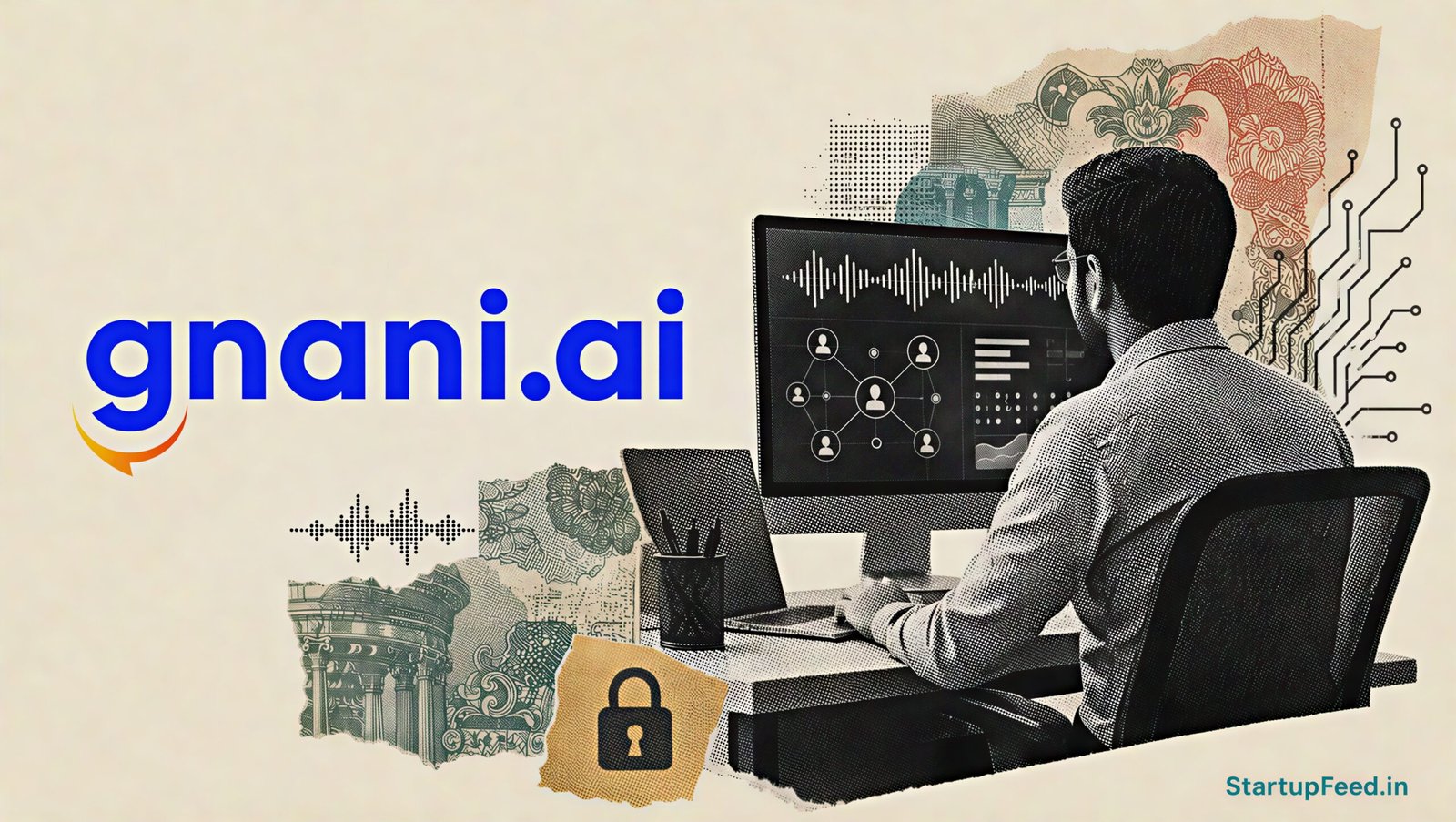 Gnani.ai Artha sovereign AI stack with company logo beside an Indian professional at a computer